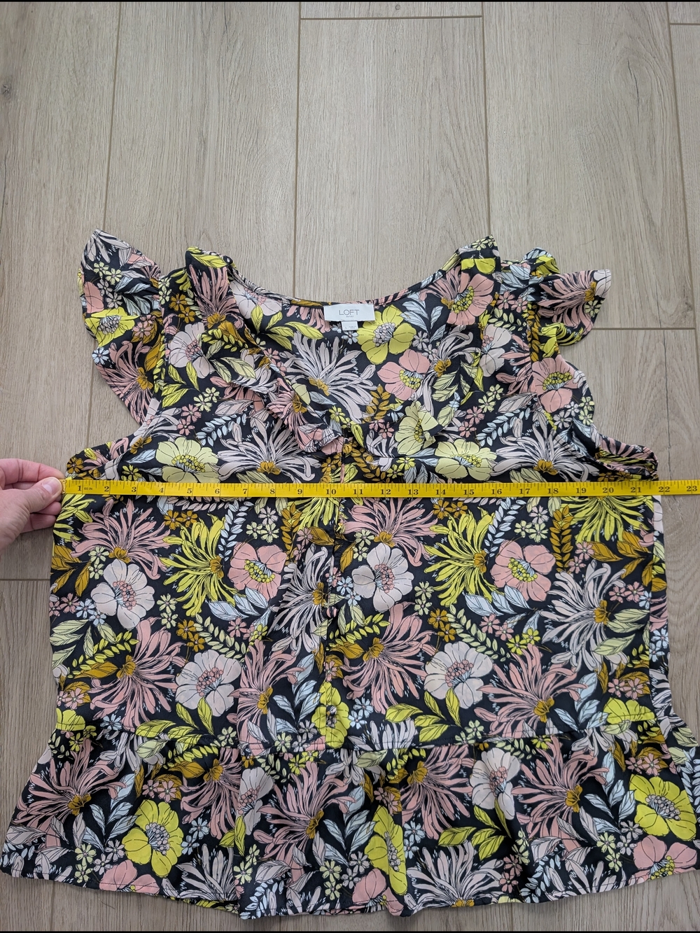 LOFT Floral Ruffle Sleeve Blouse in Black, Pink & Lime - Picture 11 of 12